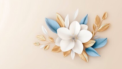 A beautiful arrangement of flowers with delicate white petals and elegant golden and blue leaves, set against a soft beige background, creating a serene and sophisticated display.