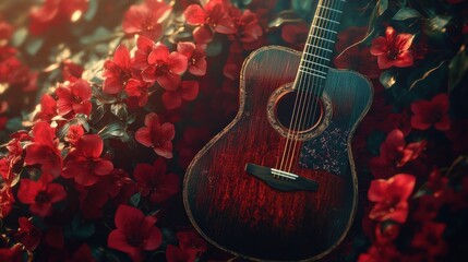 A brown acoustic guitar lies on a bed of red flowers in the soft light of dawn.