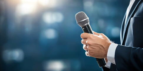 A business professional holds a microphone in a well-lit venue, poised to deliver a speech or presentation