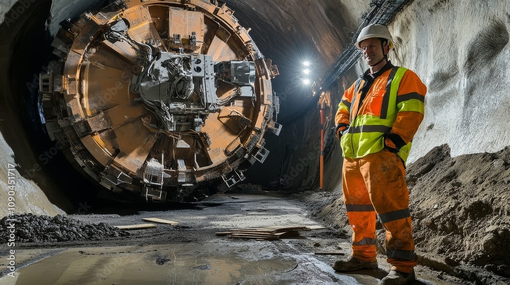 Poster A tunnel boring machine operator in high-visibility clothing and a safety helmet, standing next to a massive boring machine, with tunnel walls illuminated in the background