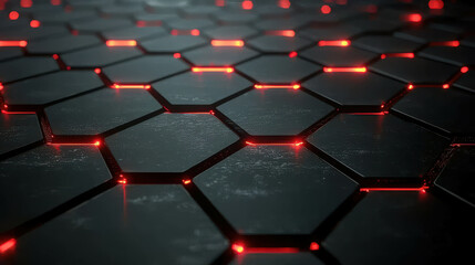 Obraz premium Futuristic Black Hexagonal Grid with Glowing Red Lights Enhancing Depth and Dimension in a High-Tech Environment for Digital Innovations and Backgrounds