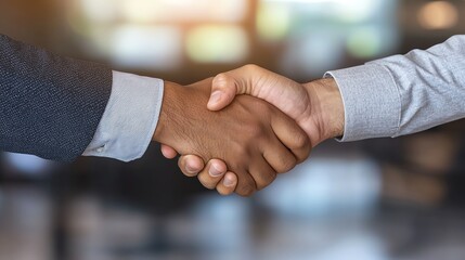 A close-up of two business professionals shaking hands, symbolizing a successful agreement and partnership in a corporate setting, with a blurred office background.