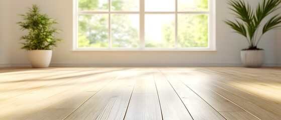 Fototapeta premium A bright room with wooden floor, large windows letting in natural light, and potted plants for a refreshing ambiance. Concept Bright Room Decor, Natural Light, Wooden Flooring, Indoor Plants