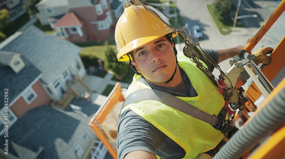 Poster a utility worker in a yellow reflective vest and helmet, repairing power lines from a lift bucket, l