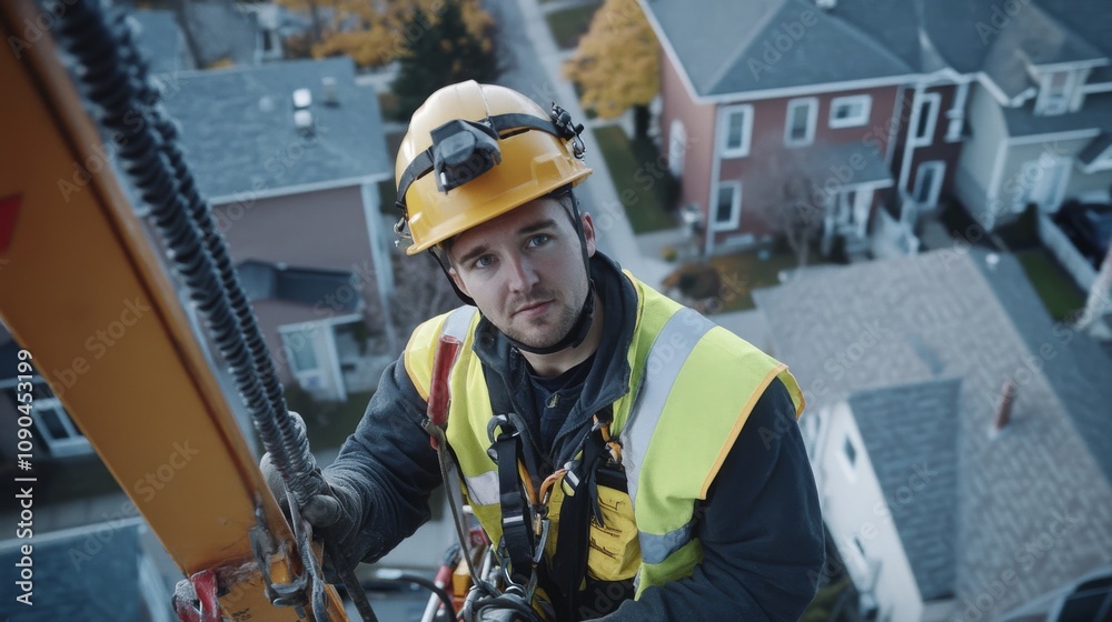 Poster a utility worker in a yellow reflective vest and helmet, repairing power lines from a lift bucket, l