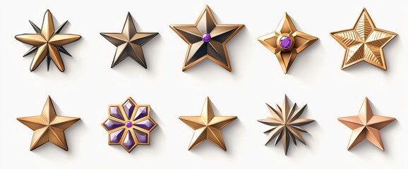 Obraz premium A collection of ten unique star-shaped medals, each featuring intricate textures and designs
