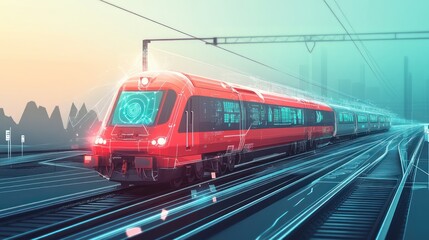 Naklejka premium A red high-speed train travels on a track with a futuristic digital overlay.