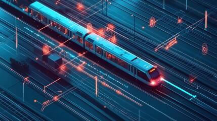 Obraz premium A futuristic train traveling on a network of tracks with glowing lights and data visualizations.