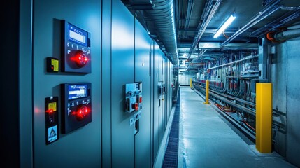 A long hallway in a modern industrial building with a row of electrical control panels on one side and a series of pipes and valves on the other. The walls are gray and the floor is concrete. There is