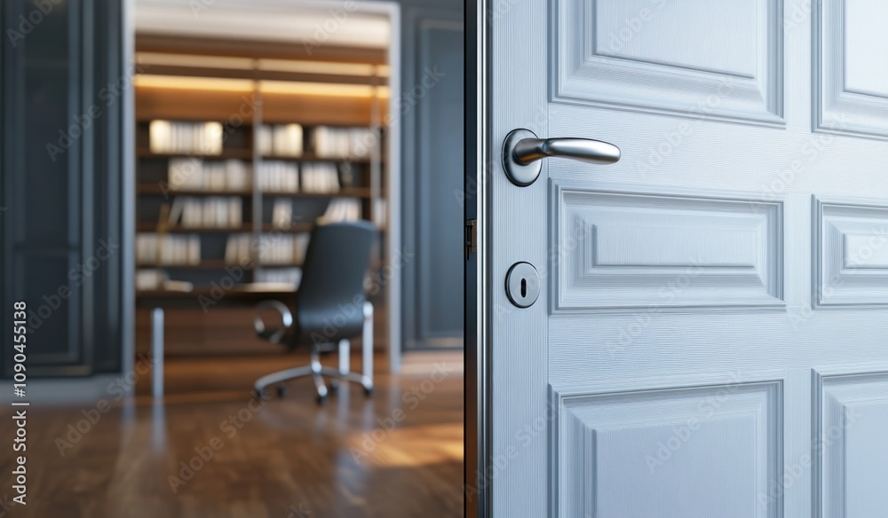 Poster a partially open door reveals a modern office space with a bookshelf and chair.