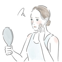 肌の調子が悪く困った顔をしている手鏡を持った若い女性
