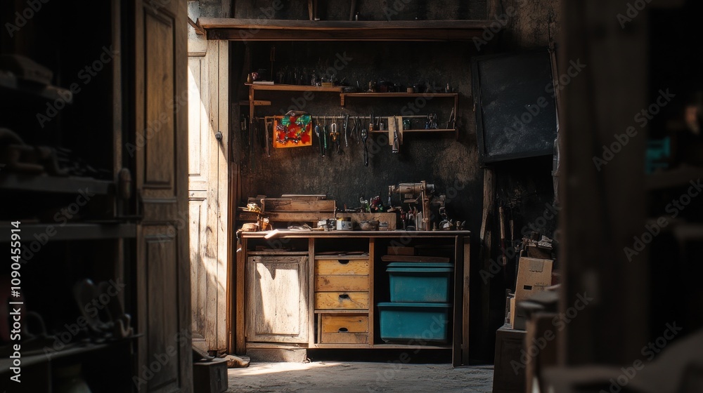 Poster a rustic workshop with a wooden workbench and tools, bathed in natural light.