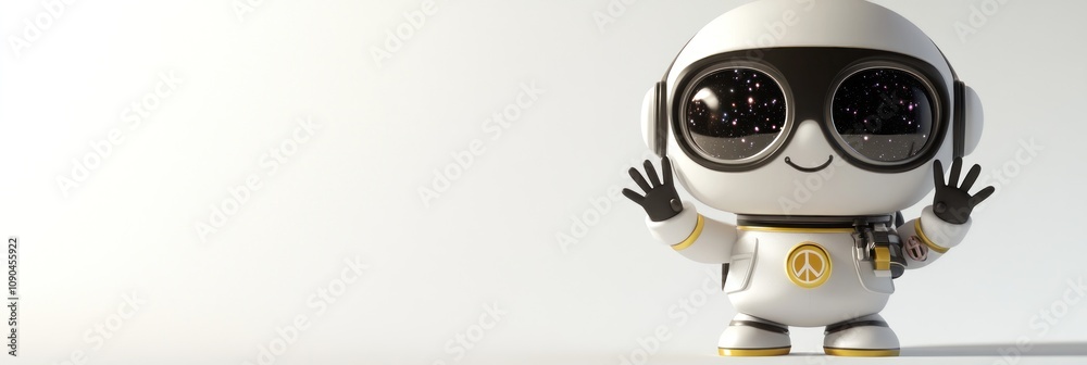 Poster a cheerful cartoon robot with a space helmet, waving in a minimalistic background.