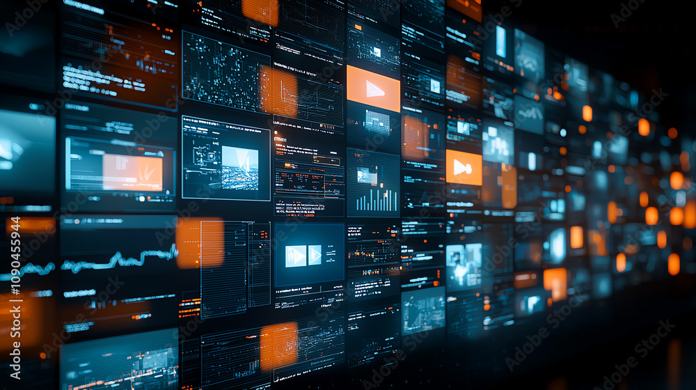 Aufkleber a digital wall display of multiple data screens showcasing graphs, charts, and analytics, highlighti