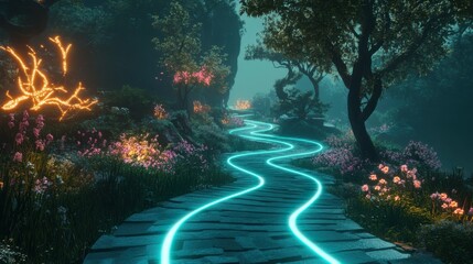 Enchanted Pathway Illuminated by Neon Blue Light Surrounded by Vibrant Flowers and Mystical Trees in a Dreamlike Fantasy Landscape