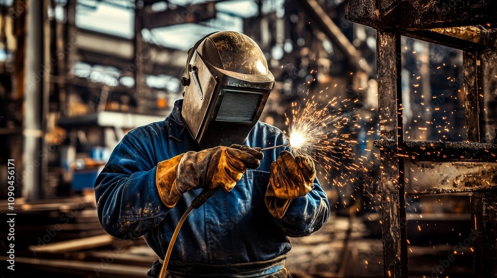 Poster a welder in a protective suit and helmet, holding a welding torch and looking towards the camera, wi