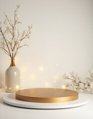 Pastel light 3d geometric white beige podium platform with golden decor for product. wedding, birthday, st valentine's day, christmas holidays, scene for cosmetic products. 