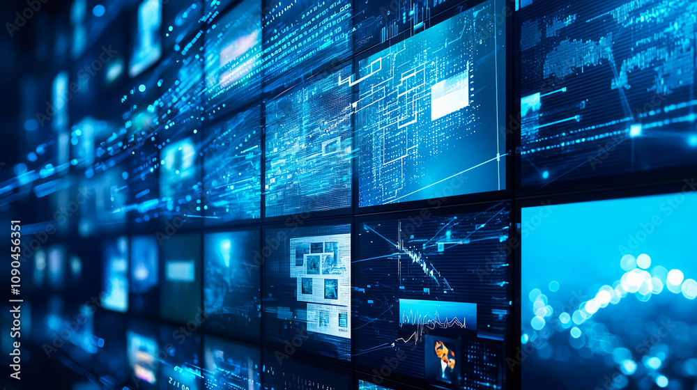 Poster a dynamic digital display showcasing multiple blue-toned screens with complex data and technological