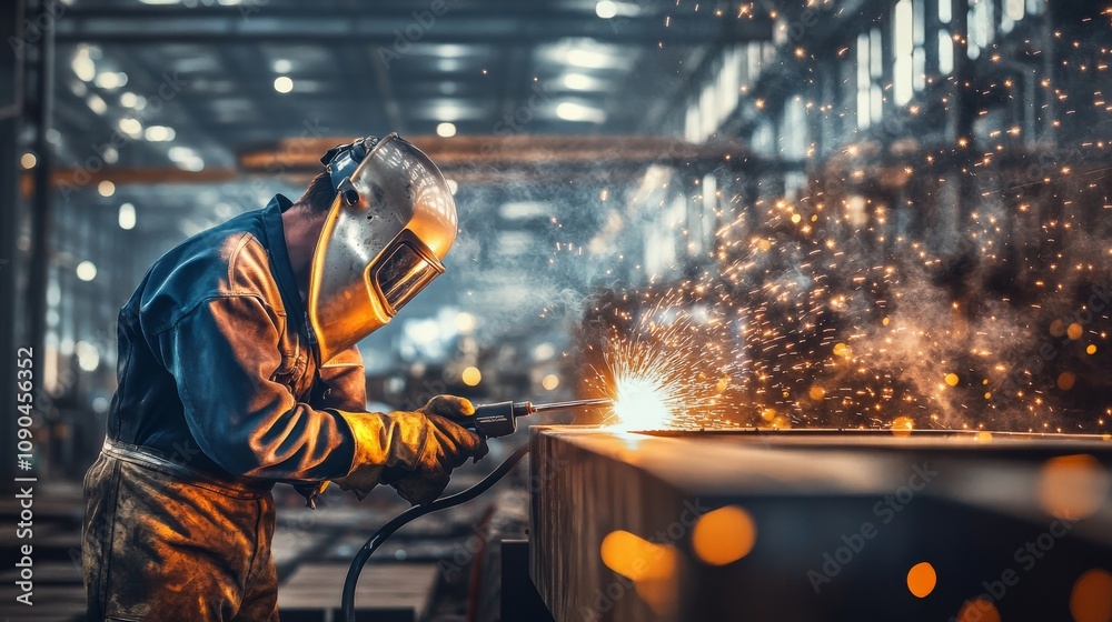 Poster a welder in a protective suit and helmet, holding a welding torch and looking towards the camera, wi