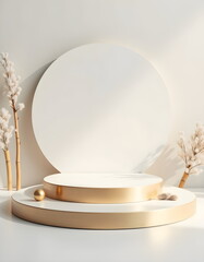 Pastel light 3d geometric white beige podium platform with golden decor for product. wedding, birthday, st valentine's day, christmas holidays, scene for cosmetic products. 