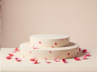 Pastel light 3d geometric white pinkromantic  podium platform with heart pink decor for product. wedding, birthday, st valentine's day, christmas holidays, scene for sale cosmetic products. 