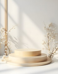 Pastel light 3d geometric white beige podium platform with golden decor for product. wedding, birthday, st valentine's day, christmas holidays, scene for cosmetic products. 