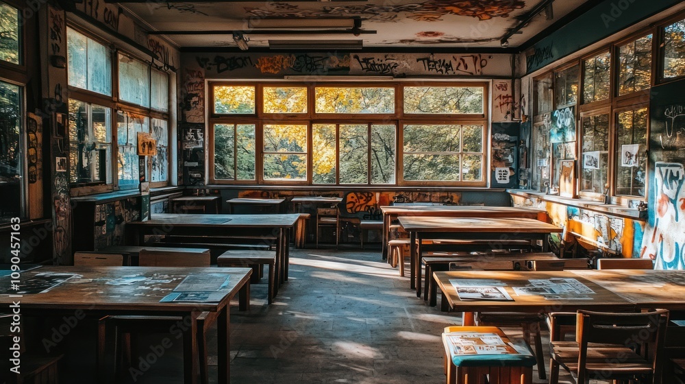 Aufkleber a graffiti-covered classroom with wooden tables, illuminated by natural light from large windows.
