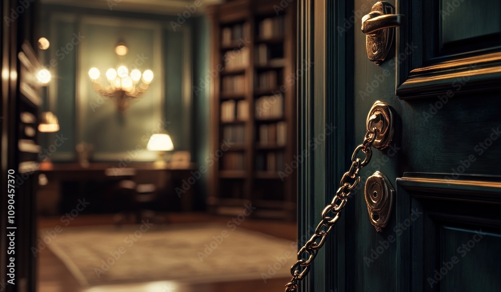 Poster A partially open door with a chain lock reveals a cozy library setting in the background.