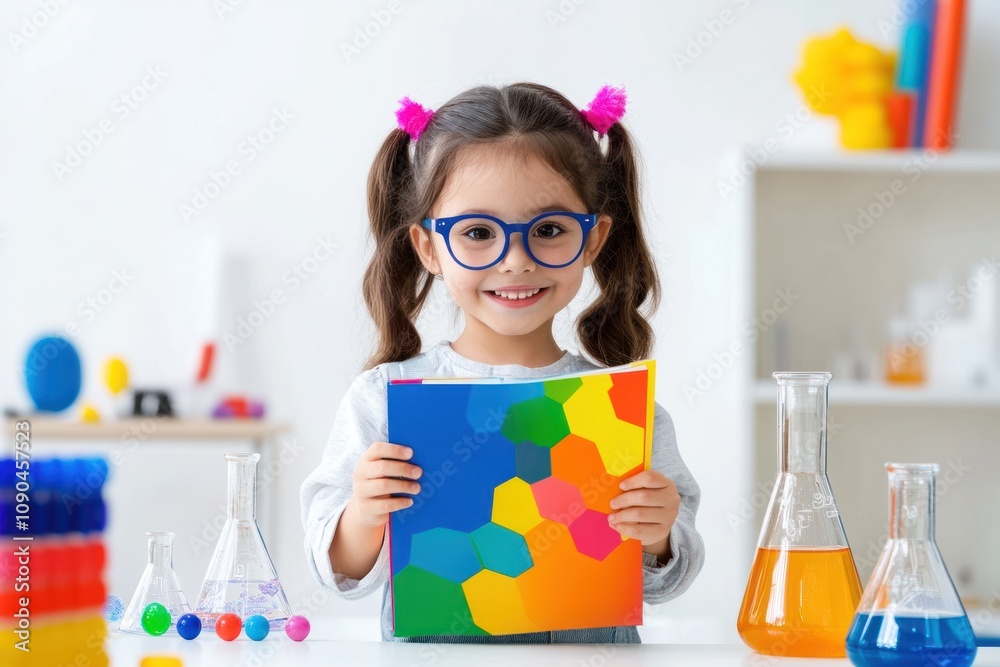 Poster a cheerful child with glasses holds a colorful book in a science-themed setting.