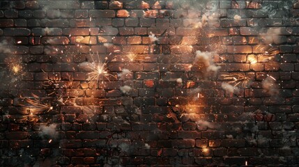 Fototapeta premium Explosive effects on a brick wall, creating a dramatic visual impact.