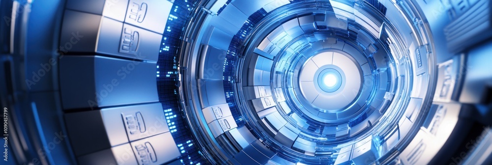 Poster a futuristic circular interface with blue tones, resembling advanced technology.