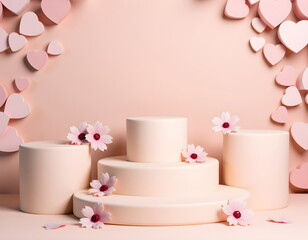 pastel light white beige pink podium platform with decor for product. wedding, birthday, st valentine's day, christmas holidays, scene for cosmetic products. for sale