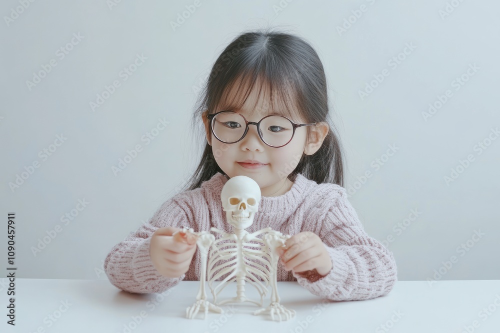 Poster a child examines a small skeleton model, showcasing curiosity and learning about anatomy.