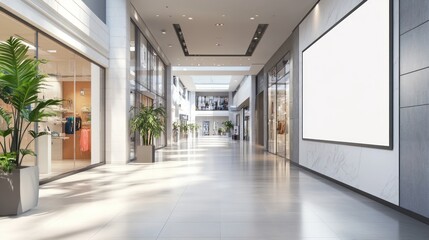 Obraz premium Modern shopping mall hallway with blank billboard.