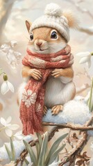 Fototapeta premium Adorable squirrel in cozy winter attire amidst a snowy landscape, AI