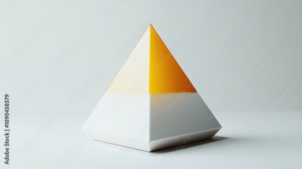 Poster a modern, geometric pyramid sculpture with a gradient orange and white color scheme.