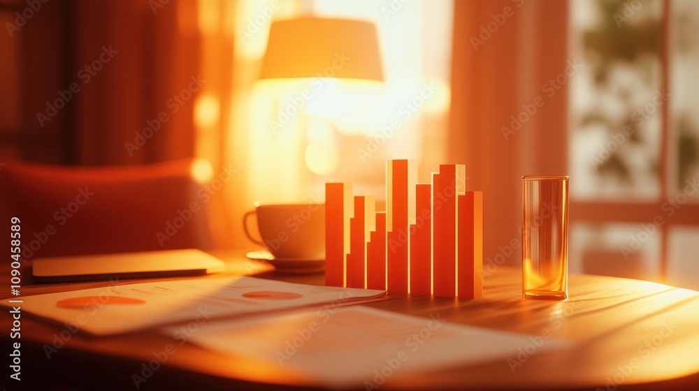 Poster A warm workspace featuring bar graphs and a cup, emphasizing productivity and analysis.
