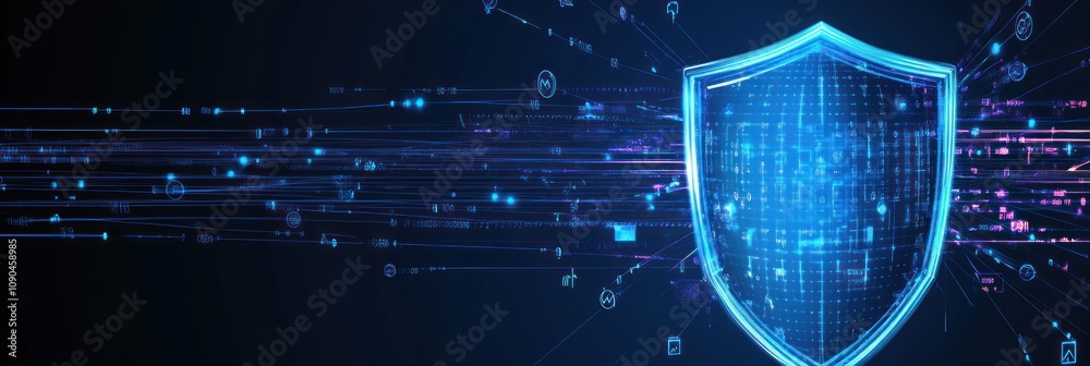 Poster Digital shield symbolizing cybersecurity with data streams in a futuristic design.