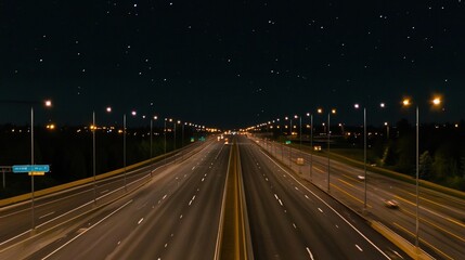 Empty express lane on a highway at night, illuminated by street lights, with a starry sky above, creating a moment of stillness and reflection in the quiet darkness.
