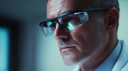 Obraz premium A doctor wearing smart glasses that display AI-generated data, assisting with a real-time diagnosis during a medical examination.