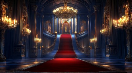 Obraz premium A majestic hallway in a royal palace illuminated at night.