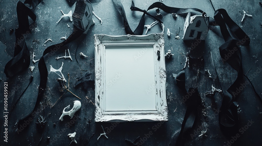 Poster A decorative mirror surrounded by scattered objects and ribbons on a textured surface.
