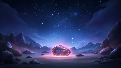 Obraz premium A mystical night scene with a glowing meteor situated in an alien desert landscape, surrounded by stars, mountains, and a serene sky.