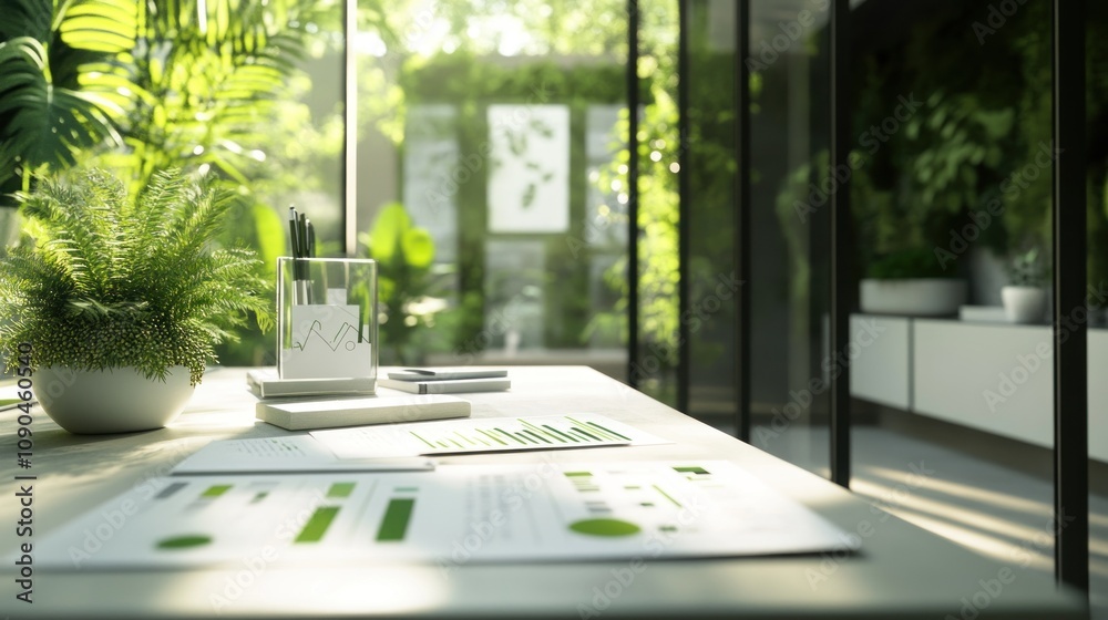 Poster A modern workspace filled with greenery, showcasing charts and data analysis materials.