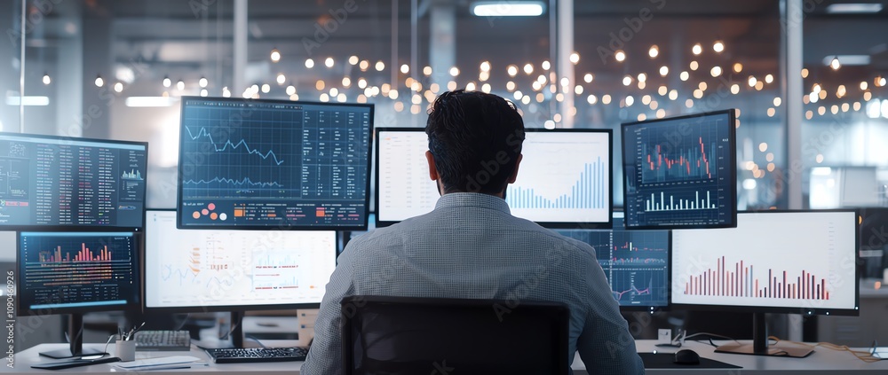 Aufkleber a professional analyzing data on multiple computer screens in a modern office setting, focusing on c