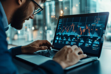 A professional analyzing financial charts on a laptop in a modern office. Data and technology merge to offer dynamic insights into business trends and market performance.