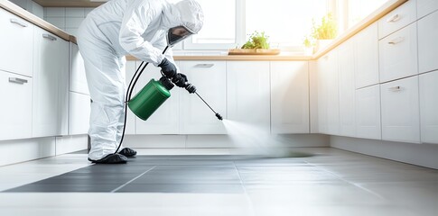 A professional in protective gear performs pest control in a bright kitchen, ensuring cleanliness and safety. Effective use of modern equipment highlights precision and care.
