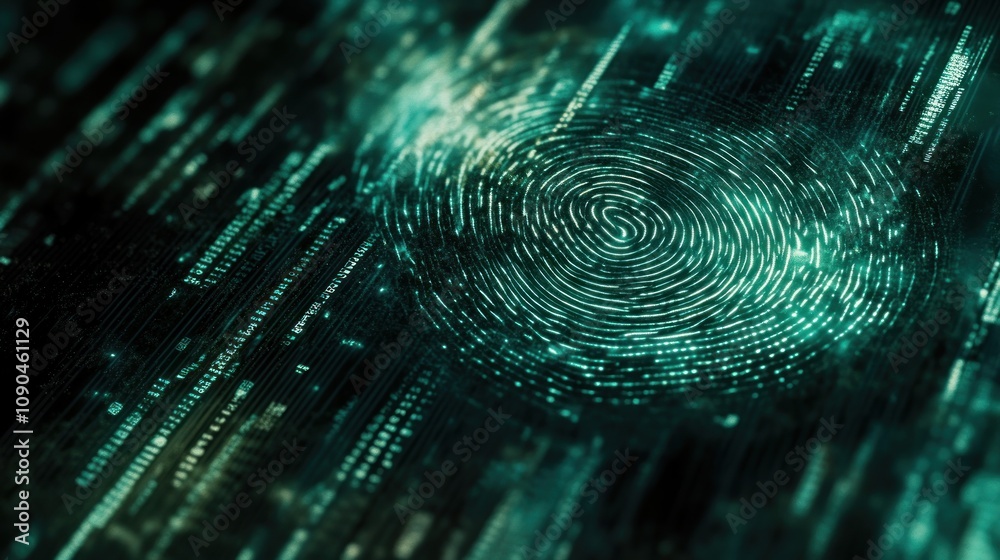 Poster Abstract digital fingerprint design with flowing data streams.