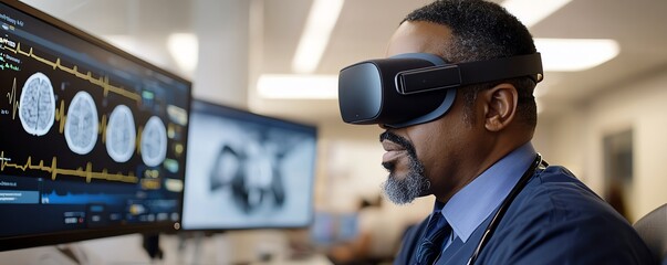 A professional using virtual reality headset for analyzing brain scans on computer screens in a modern medical setting, embracing advanced technology in healthcare.