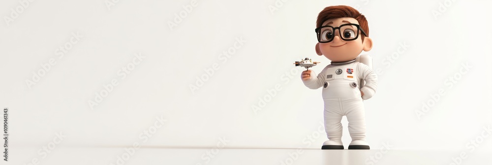 Aufkleber a cheerful cartoon boy in a spacesuit holding a toy spaceship, symbolizing curiosity and exploration